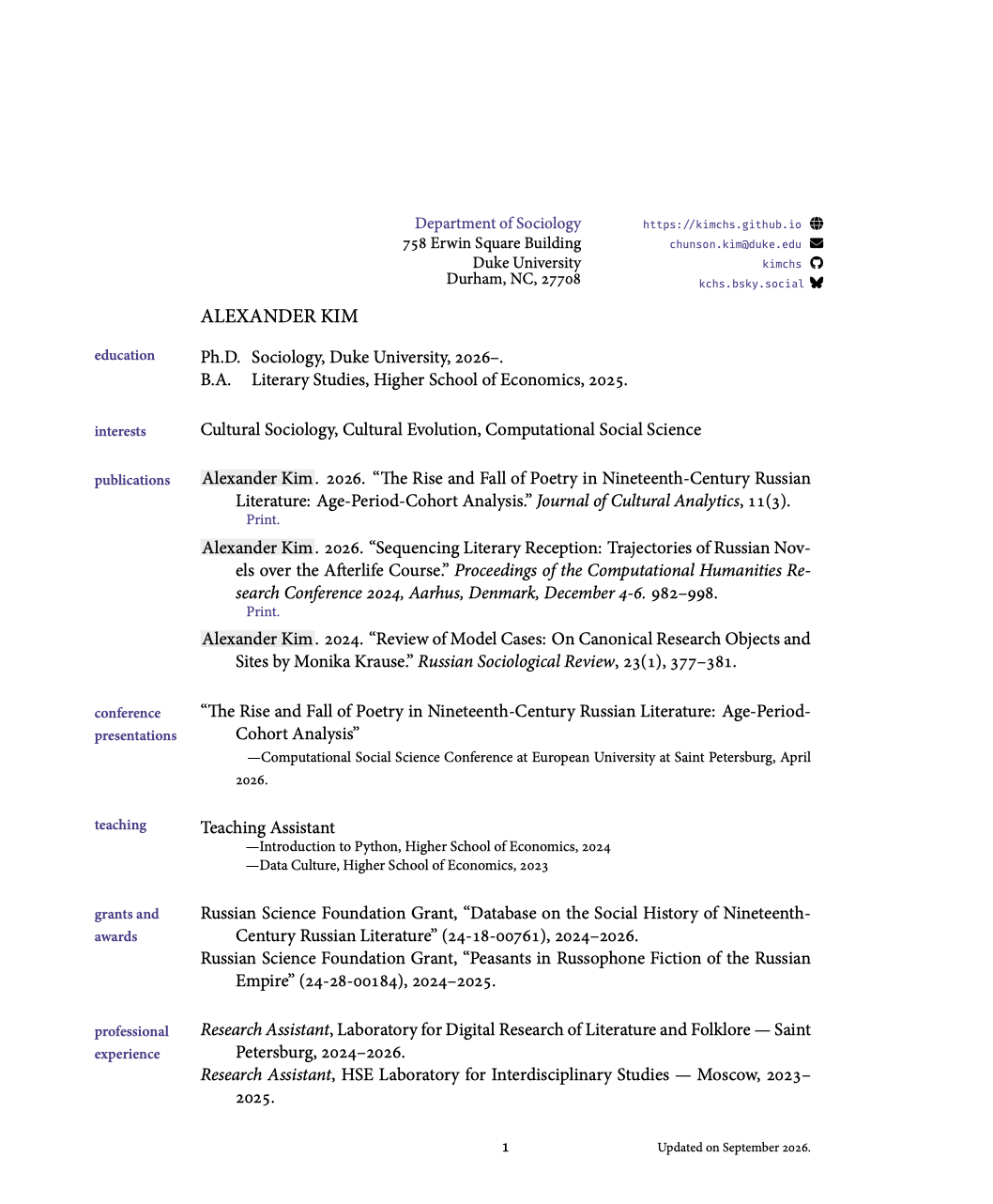 First page of the CV